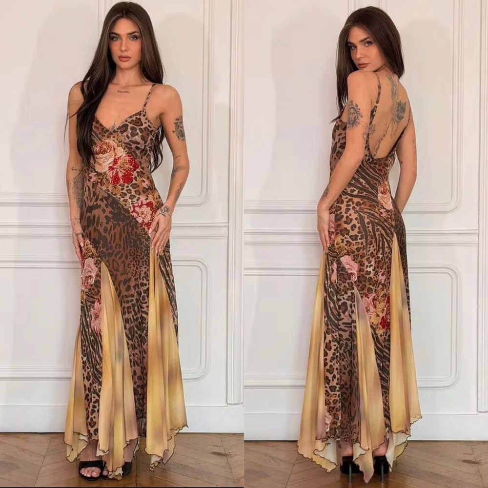 Y2K Style Leopard Print Maxi Mermaid Slip Dress L Slip Handkerchief Hem Cocktail